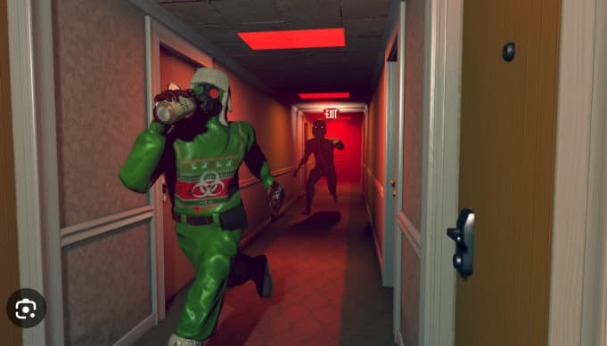 A dim Escape the Backrooms hallway